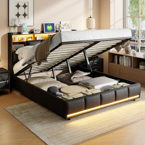 LIVLUX Lit Coffre 160 x 200 cm,avec Éclairage LED et Port USB,Lit Double Rembourré avec Rangement et Tete de lit,pour Adultes et Adolescents,Velours (Noir B, 160 x 200 cm)