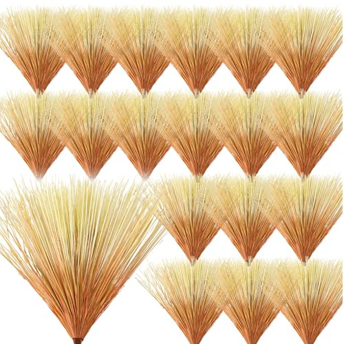 Giegxin 100 Pcs Fall Artificial Tall Grass Plants Outdoor Artificial Tall Shrubs Wheat Grass Greenery Stems UV Resistant Faux Ornamental Plant Filler Decor for Outdoor Indoor (20 Inches)