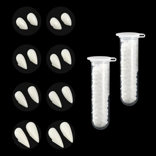 Dientes de vampiro, 8 pares de dientes de vampiro, juego de 4 tamaños, dentaduras postizas falsas con 2 tubos de dientes, pegamento para disfraz de Halloween, fiestas