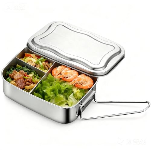 OITUGG 2000ml Stainless Steel Lunch Box for Adults and Kids, 3-Compartment Metal Lunch Box, with Handle Designed, Easy to Open Lids, Size 20 x 15 x 6 cm