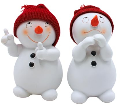 Dekohelden24 Lustige Schneemänner, Schneekinder, Keramikschneemänner, Dekoschneemann - Set, Winterkindfiguren, Schneefiguren im 2er Set mit roten Mützen, L/B/H 8 x 7 x 15 cm.