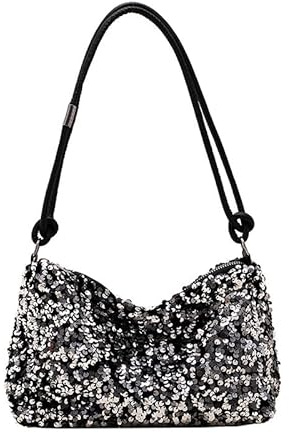 LOCCY Damen Glitzer Tasche, Elegant Clutch Pailletten Tasche Schultertaschen Abendtasche Schwarz Silber Gold Glitzer mit Reißverschluss für Prom Hochzeit Party Bankett