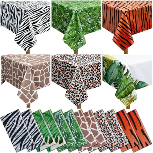 Kinmsito 12 Stück Tischdecken, Safari Tischdecke, 137 x 274 cm | Tier Druck Kunststoff, Leopard, Tiger, Zebra, Giraffe, Blätter