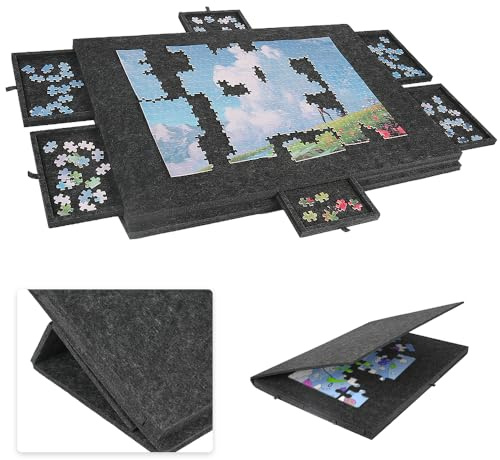 Kippbares Puzzlebrett mit 2-in-1-Ständer und Abdeckung, 1000 Piece Foldable & Tilting Puzzle Board with 6 Drawers & Cover, Lightweight & Portable Puzzle Table with Built-in Stand for Angle Adjustment