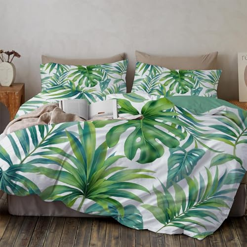 DLERFLOVR King Duvet Cover Sets, Comfy Breathable Monstera Leaves Bedding Set Ultrasoft Reversible Jungle Plants Quilt Cover Non Iron with Pillowcases, 230x220cm Green