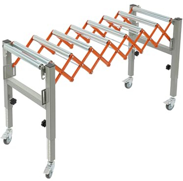 Verstellbarer Fördertisch Werkstatt Rollwagen, 50kg Tragfähigkeit, Rollbandschiene mit 4 Lenkrollen mit Bremsen, Höhen- & Längenverstellbar, Einlauf-/Auslauftisch für Tischsäge Hobelmaschine