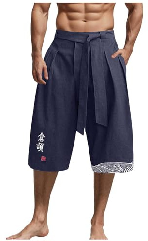 Générique Pantalon Homme 3/4 Court en Lin Style Japonais Traditionnel Pantalon Large Sarouel Hakama Harajuku Streetwear Taille