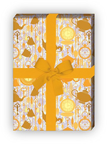 Kartenkaufrausch Set 4 Bogen: Zauberhaftes Teekannen Wunderland Geschenkpapier, Dekorpapier, Musterpapier zum Einpacken mit Uhren, gelb, für tolle Geschenk Verpackung, Designpapier 32 x 48cm