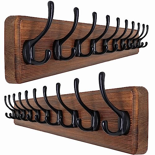 SKOLOO Garderobenleiste Holz Braun(2 Stück), 98 cm langer, hölzerner Kleiderhaken Wand, Rustikaler Stil, Stabil garderobenhaken mit 10 Haken