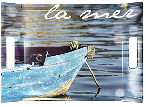 Lashuma Plateau décoratif rectangulaire en mélamine 38 x 27 cm avec poignées - Bleu - Motif mer