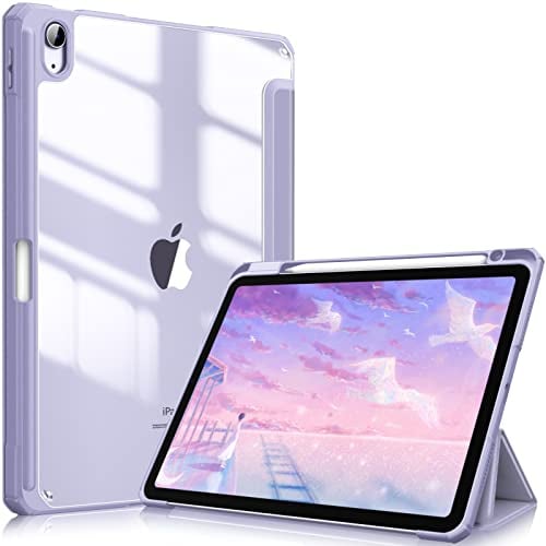 Fintie Hybrid Hülle für iPad Air 11 Zoll M3 2025/ M2 2024, iPad Air 5/4 Gen (2022/2020) 10,9 Zoll mit Stifthalter - Stoßfeste Schutzhülle mit transparenter Hartschale auf der Rückseite, Pastellviolett