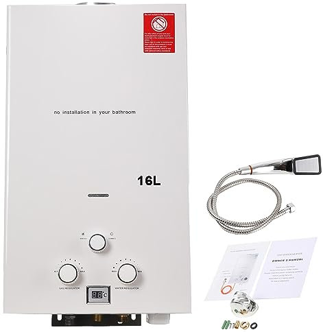 ECUTEE 16L 32KW Scaldabagno a gas di petrolio liquefatto Scaldabagno a gas propano/GPL, Scaldabagno istantaneo senza serbatoio con kit doccia, Per docce da esterno, bianco
