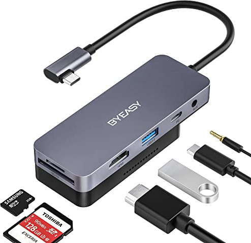 BYEASY Hub USB C para iPad Pro 2021 2020 2018 12.9/11 Pulgadas con Estaciones de Acoplamiento con HDMI 4K, USB 3.0, Carga PD 100W, Lector de Tarjetas SD/Micro y Conector de Auriculares de 3.5 mm