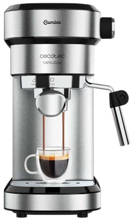 Cecotec Espressomaschine mit Doppelauslauf Cafelizzia Steel. 1350W, Siebträger mit zwei Filtern, schwenkbare Dampfdüse, 20 bar Druck, abnehmbarer 1,2L Wassertank, Edelstahl.