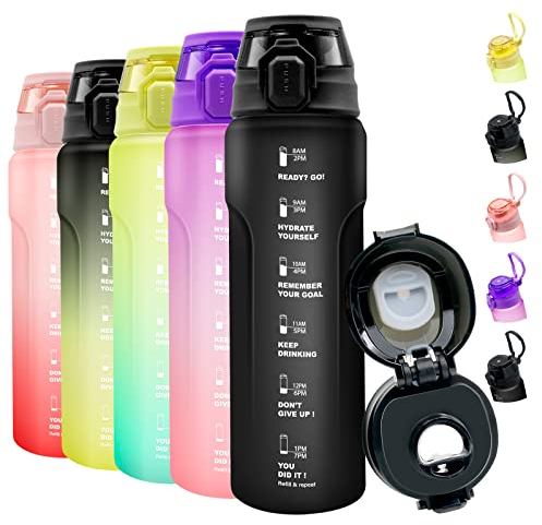 Water Bottle 1L, Sports Water Bottle w/Motivational Time Marker & Straw, BPA Free, Leakproof & Secure Locking Lid, Tritan Plastic Drink Bottle Outdoor, Cycling, Gym, School & Office (Black)