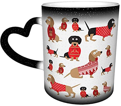 YINGD Taza de cerámica para perros salchichas en Navidad, suéteres de tela, taza de café divertida que cambia de color, taza de viaje de cerámica sensible al calor, talla única
