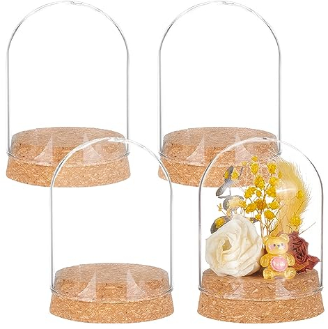BENECREAT 4 Ensemble de Bocaux en Verre avec Présentoir en Forme de Dôme avec Liège, Cloche de Centre de Table de 65.5x91.5mm, Pot pour Plantes à Fleurs, Spécimens, Décorations Artisanales