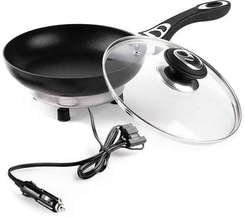 ZONETECH 12V Frying Pan with Glass Lid Portable Non-Stick 7.5-inch Stay-Cool Handles, Rapid Heat Up, Perfect for Camping, Picnic and More
