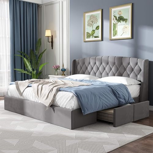 HYUB Polsterbett mit Stauraum 180 x 200cm, Bett mit Lattenrost und 4 Schubladen aus Stabilem Drahtgeflecht, Doppelbett Stauraumbett mit Kopfteil, Kuscheliger Samt, Ohne Matratze, Grau