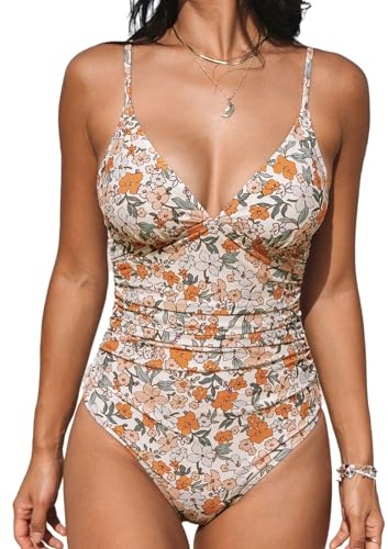 CUPSHE Maillot de bain une pièce avec effet ventre plat et décolleté en V pour femme, Motif floral jaune., Taille XS