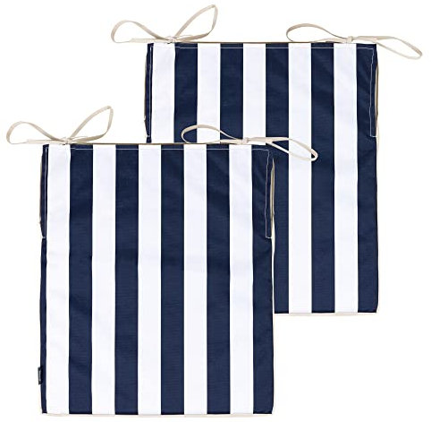 Bean Bag Bazaar Veeva Stuhlkissen, Streifen Marinblau, 2-er Pack, Stuhlkissen mit Bindeband, 50cm x 43cm, Sitzkissen Wasserfest für Außen oder Innen, Kissen Outdoor, Garten, Terrasse