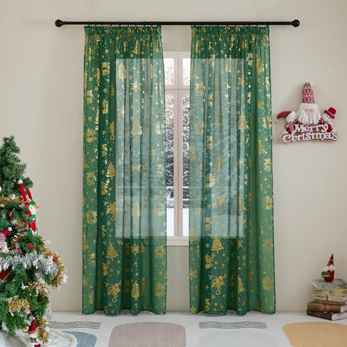 PONY DANCE Weihnachts Vorhänge Wohnzimmer Kräuselband Gardinen Transparent H 245 x B 140 cm Weihnachtsgardinen Durchsichtig Dunkelgrüne Gardinen mit Goldernem Muster für Schienensystem