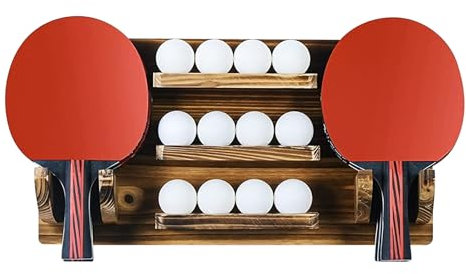 Ping Pong Paddle Holder, Wall Mount Wood Table Tennis Racket Display Shelf Holds 6 Paddles and 12 Balls Ping Pong Accessories Organizer for Living Room Game Room Office
