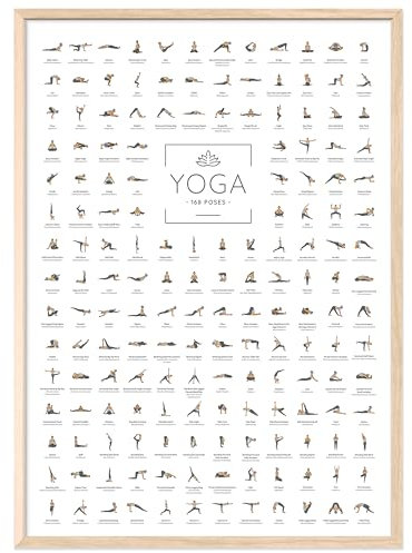 JUNOMI® Yoga Poster DIN A3 mit Rahmen Farbe Natur, Yoga Zubehör für Studios und Übungen Zuhause, perfekte Yoga Geschenkidee, Yoga Übungen für Beginner und Profis | mit Rahmen