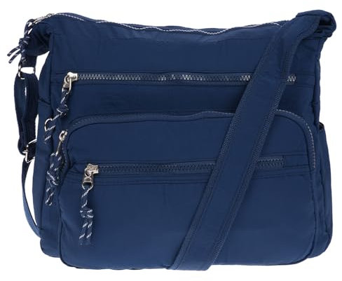 Christian Wippermann Nylon Umhängetasche Damen Groß - Mittelgroß mit Zwei Hauptfächern - Verstellbarer Trageriemen bis 150 cm - Reißverschlussfächer - Tasche mit Vielen Fächern - 30x26x12 cm Blau