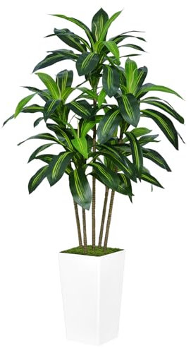 Artificial Dracaena Indoor Plant,5FT Fake Tree with White Tall Planter,Lifelike Large Indoor Fake Floor Plant in Pot for Home Office Living Room Porch Patio Decor Housewarming