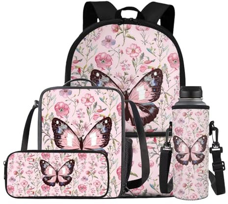 TSOVTHRID Mochila 4 en 1 para la escuela, ligera, para niñas de 8 a 10 años, mochila escolar y lonchera, Mariposa rosa