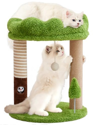WOOCHPET Kleiner Kratzbaum mit Sitzstange, Katzenbett und Abnehmbarer Abdeckung, 23 Zoll hoher Katzenturm mit 2 Kratzbäumen aus Sisal und Katzenspielzeug für Kätzchen und Erwachsene Katzen (Grün)