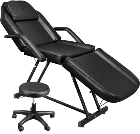 Bonnlo Camilla Masaje Ajustable, Camilla Masaje, Cama de Masaje, con Taburete con Ruedas, Taburete Giratorio con Ruedas 360° para Salones de Belleza, SPA y Peluquerías, Negro