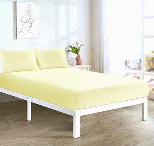 clicktostyle Non Iron 4pc Sheet Set Fitted Sheet + Flat Sheet + Pillow Cases Wrinke Free Poly Cotton Bed Sheets Percale Bedding Sets Single Double King Super King (Lemon, Double)
