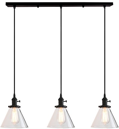 PathsOn Industrial Vintage 3 Lights Fittings Ceiling Chandelier Cone Clear Glass lampshade Hanging Pendant Lamp Fixture (Black)