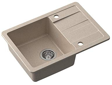 VBChome Spüle 62 x 44 cm Beige Granit Einzelbecken Einbauspüle Abtroffläche gesprenkelt reversibel Verbundspüle + Siphon Spülmittelspender