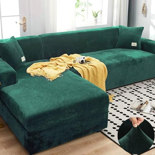 LINGKY Sofabezug Ecksofa L Form Stretch Samt Sofa Überzug Universal Couchbezug Für 1/2/3/4 Sitzer Waschbar Sofa Überwürfe (L Form Ecksofa Erfordert Zwei) - Sofabezug 4 Sitzer, Dunkelgrün