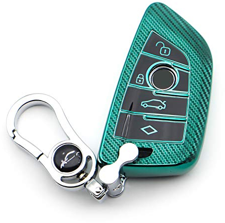 M.JVisun Soft Carbon Fiber Finish Car Key Fob Cover For BMW 2 Series 3 5 6 7 Series GT5 M4 M5 X1 X2 X3 X5 X5M X6 X6M X7 Electroplated TPU Case With Metal Keychain - Green