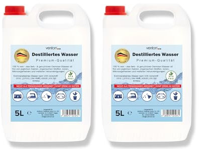 VENTON Destilliertes Wasser 10L (2×5L) I Entsalztes - Entionisiertes - Demineralisiertes Wasser nach VDE 0510 I Dest Wasser für Haushalt, Freizeit, Auto & Labor I Reines Wasser I Laborwasser