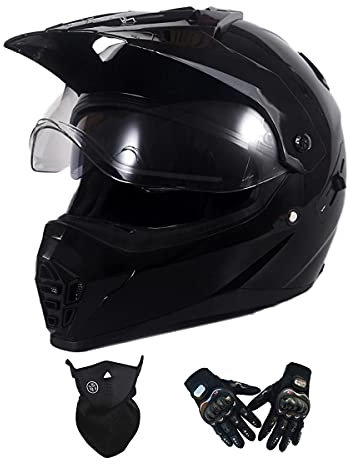 Casque Moto Cross Homme, Double Visière, Casque Motocross Noir avec Gants Masque, Casque Enduro Casque intégral Polyvalent BMX VTT Quad ATV Scooter - Pare-Soleil et visière intégrés,M