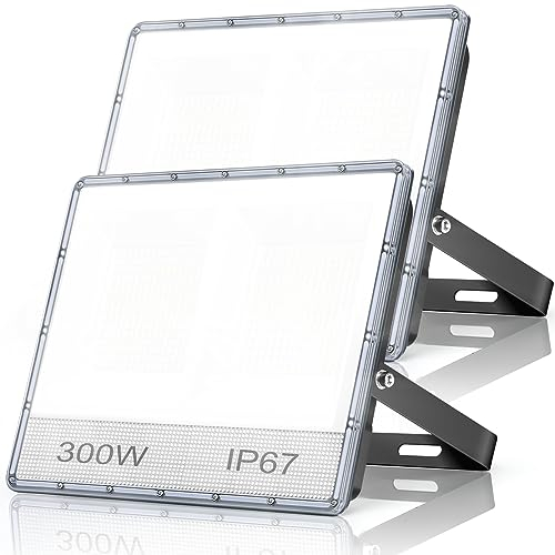 YIQIBRO LED Strahler Außen 300W 2 Stück, 2 in 1 Fluter 30000LM Superhell Aussenstrahler, 7000K Kaltweiß Scheinwerfer Mit Trafo, IP67 Wasserdicht Außenbeleuchtung für Garten Hof Sportplatz