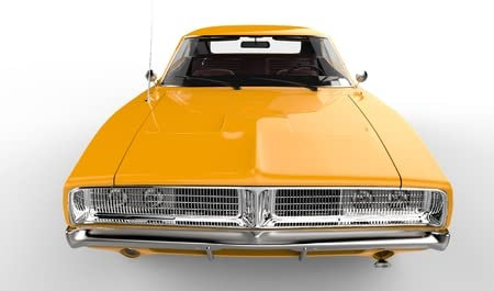 Holz-Bild 130 x 80 cm: Gelbes Retro-Muscle-Car - Nahaufnahme auf der Motorhaube des Autos (55870774)