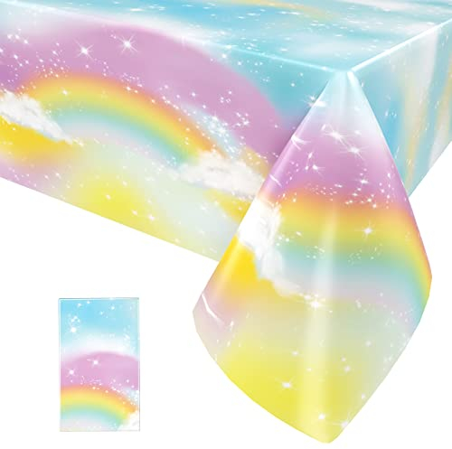 Paready 1 Pieza de Mantel Arcoiris, Mantel Colorido de Arco Iris desechable para un cumpleaños temático Cubierta de Mesa de plástico de Arco Iris para Suministros de Baby Shower, 137 x 274 cm
