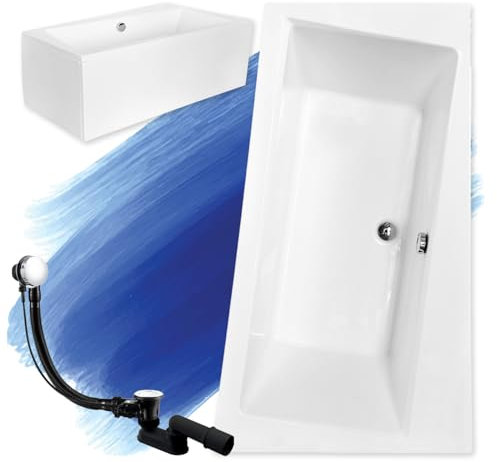 BADLAND Badewanne Original Weiß Acryl Wanne Eckbadewanne INFINITY 150x90 Rechts KOMPLETTSET SET mit Weiß Acrylschürze + Füßen und Exklusive Chrom Automatik Ablaufgarnitur Made in EU 4in1