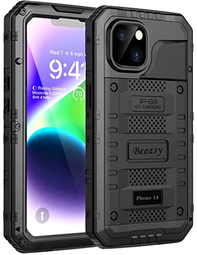 Beeasy für iPhone 14 Wasserdicht Outdoor Hülle (6,1), Stoßfest Panzerhülle Militär 360 Grad Schutzhülle mit Displayschutz, Robust Metall Heavy Duty Handyhülle iPhone 14 Case, Schwarz