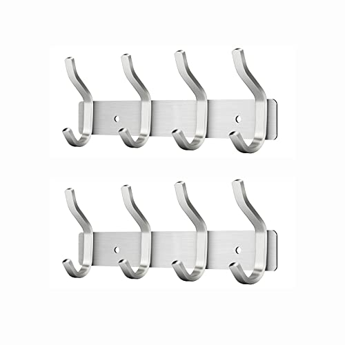 MEIJO Garderobenhaken Edelstahl, Hakenleiste Kleiderhaken Wand mit 4 Haken, Garderobe Garderobenleiste Wandgarderobe für Schlafzimmer Bad Küche (Silber, 4 Haken 2 Stück)