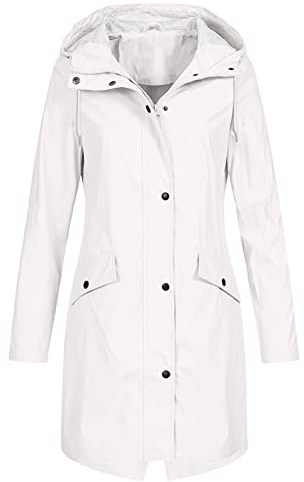 AZISEN Regenmantel Damen Wasserdicht, Regenmantel Damen Jacken Mädchen Hooded Frühlingse Coat Moderne Polyester Mit Taschen Boxy Warm Mantel Frau Tunika Langen Ärmeln Schlicht Urlaub Weiß L