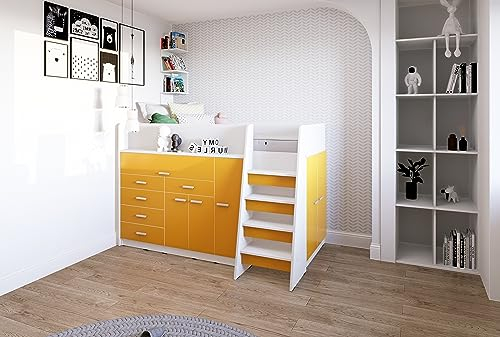 Marlux-Meble Hochbett JSM-1 80x190 TREPPE RECHTS 129 cm Hoch mit Kleiderschrank Schreibtisch Schränke Matt Funktionsbett Etagenbett Stockbett Kinderhochbett Jugendhochbett (Orange Matt)