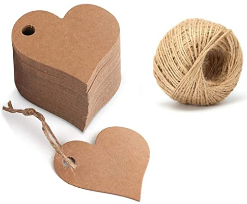 PLABBDPL 50PCS Etiquette Cadeau Kraft Cadeaux de la Saint-Valentin Étiquettes Étiquettes Kraft Coeur Gift Tags avec Ficelle,pour la Saint-Valentin le mariage Noël pour Anniversaire Artisanat(Brun)
