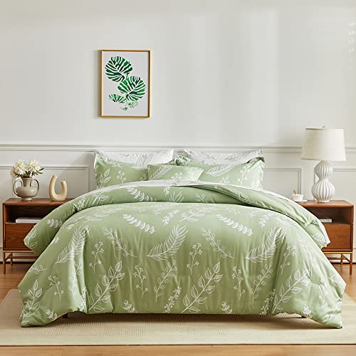 Sedefen Bettwäsche 200x200 cm Grün Weiß Blätter Blumenmuster Wendebettwäsche Set aus Microfaser Mädchen Teens Bettbezug und 2 Kissenbezug 80x80cm mit Reißverschluss